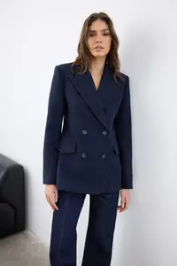 TRENDYOLMİLLA Navy Blue Bowl herringbone Double breasted Fitted Pattern Weaving Blazer Jacket - Image 2