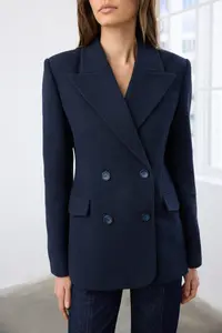 TRENDYOLMİLLA Navy Blue Bowl herringbone Double breasted Fitted Pattern Weaving Blazer Jacket - Image 3