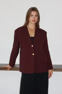 TRENDYOLMİLLA Plum Normal/Regular Pattern Weaving Blazer Jacket - Image 3