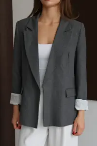 TRENDYOLMİLLA Anthracite Striped Lined Normal/Regular Pattern Weaving Blazer Jacket - Image 2