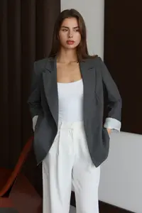 TRENDYOLMİLLA Anthracite Striped Lined Normal/Regular Pattern Weaving Blazer Jacket - Image 3