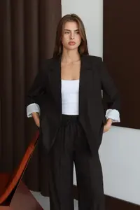 TRENDYOLMİLLA Brown Rahat Pattern Striped Lined Weaving Blazer Jacket - Image 2