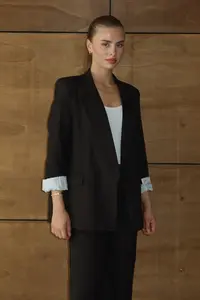 TRENDYOLMİLLA Brown Rahat Pattern Striped Lined Weaving Blazer Jacket - Image 4