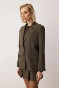 TRENDYOLMİLLA  Special Collection Mink Pocket Detail Checkered Oversized Blazer Jacket - Image 4