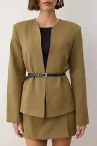 TRENDYOLMİLLA Light Khaki Arched Normal Pattern Weaving Blazer Jacket - Image 3