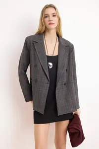 TRENDYOLMİLLA Anthracite-Burgundy Checkered/Checkered Normal Pattern Double breasted Kapama Weaving Blazer Jacket