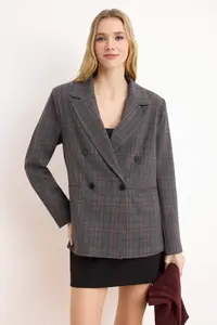 TRENDYOLMİLLA Anthracite-Burgundy Checkered/Checkered Normal Pattern Double breasted Kapama Weaving Blazer Jacket - Image 2