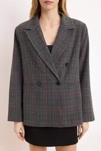 TRENDYOLMİLLA Anthracite-Burgundy Checkered/Checkered Normal Pattern Double breasted Kapama Weaving Blazer Jacket - Image 3