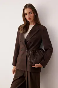 TRENDYOLMİLLA Brown Burgundy Checkered/Checkered Normal Pattern Double breasted Kapama Weaving Blazer Jacket - Image 2