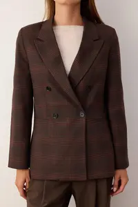 TRENDYOLMİLLA Brown Burgundy Checkered/Checkered Normal Pattern Double breasted Kapama Weaving Blazer Jacket - Image 4
