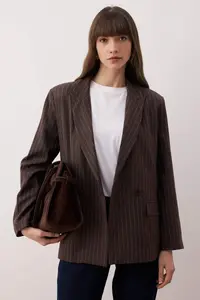 TRENDYOLMİLLA Brown Striped wrap Kapama Oversized Weaving Rahat Pattern Blazer Jacket - Image 2