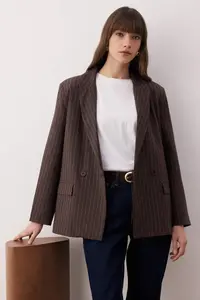 TRENDYOLMİLLA Brown Striped wrap Kapama Oversized Weaving Rahat Pattern Blazer Jacket - Image 3