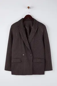 TRENDYOLMİLLA Brown Striped wrap Kapama Oversized Weaving Rahat Pattern Blazer Jacket - Image 5