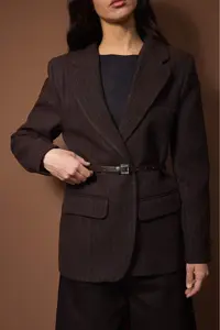 TRENDYOLMİLLA Brown Bowl Striped Arched Weaving Blazer Jacket - Image 3