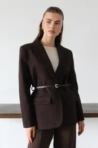 TRENDYOLMİLLA Brown Bowl Striped Arched Weaving Blazer Jacket - Image 5