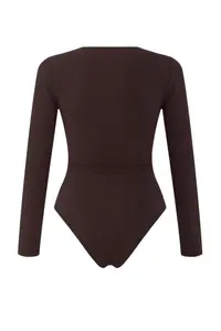 TRENDYOLMİLLA Brown Accessory Detailed V-neck Fitted Flexible Knitting Bottom snaps Bodysuit .D.00002 - Image 6