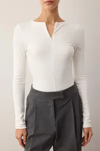 TRENDYOLMİLLA Ecru Zippered Lightly Transparent Fitted Flexible Knitting Bodysuit .D.00012 - Image 3