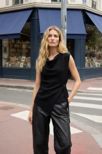 TRENDYOLMİLLA Black Mercerized Look Asymmetric Off-Shoulder Neck Knitwear Thin Blouse - Image 2