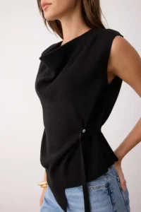 TRENDYOLMİLLA Black Mercerized Look Asymmetric Off-Shoulder Neck Knitwear Thin Blouse - Image 5