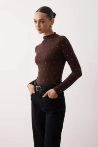 TRENDYOLMİLLA Brown Trok Accessory Detailed Fitted Dog collar Flexible Knitting Blouse - Image 2