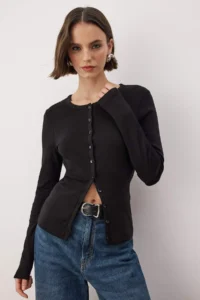 TRENDYOLMİLLA Black buttoned Body-fitting Flexible Knitting Blouse