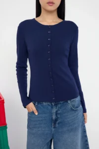 TRENDYOLMİLLA Teen Navy Blue buttoned Fitted Flexible Knitting Blouse | - Image 3