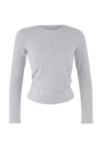 TRENDYOLMİLLA Gray Melange Fitted Double Look Half Zippered Double Layer Knitting Blouse - Image 5