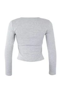 TRENDYOLMİLLA Gray Melange Fitted Double Look Half Zippered Double Layer Knitting Blouse - Image 7