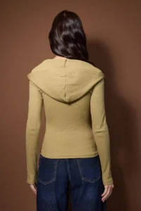 TRENDYOLMİLLA Khaki Hooded Ribbed buttoned Fitted Knitting Blouse - Image 4