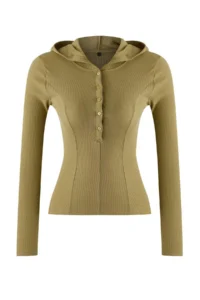 TRENDYOLMİLLA Khaki Hooded Ribbed buttoned Fitted Knitting Blouse - Image 5