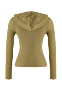TRENDYOLMİLLA Khaki Hooded Ribbed buttoned Fitted Knitting Blouse - Image 6