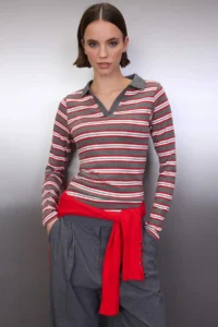 TRENDYOLMİLLA Anthracite Striped Polo Shirt Collar Fitted Knitting Blouse