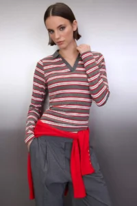 TRENDYOLMİLLA Anthracite Striped Polo Shirt Collar Fitted Knitting Blouse - Image 2
