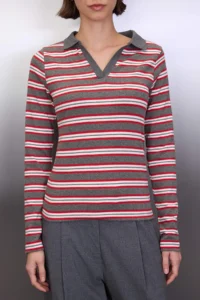 TRENDYOLMİLLA Anthracite Striped Polo Shirt Collar Fitted Knitting Blouse - Image 3