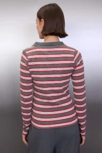 TRENDYOLMİLLA Anthracite Striped Polo Shirt Collar Fitted Knitting Blouse - Image 4