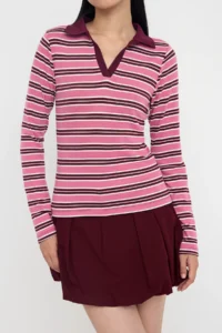 TRENDYOLMİLLA Teen Pink Striped Polo Shirt Collar Fitted Knitting Blouse - Image 3