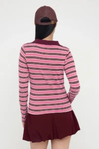 TRENDYOLMİLLA Teen Pink Striped Polo Shirt Collar Fitted Knitting Blouse - Image 4