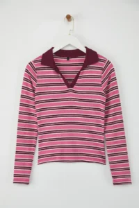 TRENDYOLMİLLA Teen Pink Striped Polo Shirt Collar Fitted Knitting Blouse - Image 5