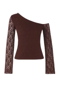 TRENDYOLMİLLA Brown Lace Asymmetric Collar Fitted Knitting Blouse - Image 5