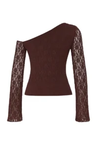 TRENDYOLMİLLA Brown Lace Asymmetric Collar Fitted Knitting Blouse - Image 6