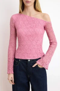 TRENDYOLMİLLA Dusty Rose Ecru Lace Asymmetric Collar Fitted Knitting Blouse - Image 3