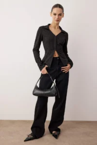 TRENDYOLMİLLA Black Striped Polo Shirt Collar Agrafli Fitted/Fitting Flexible Knitting Blouse - Image 2