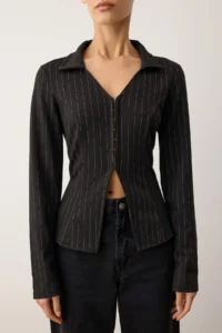 TRENDYOLMİLLA Black Striped Polo Shirt Collar Agrafli Fitted/Fitting Flexible Knitting Blouse - Image 3