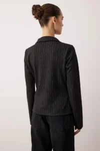 TRENDYOLMİLLA Black Striped Polo Shirt Collar Agrafli Fitted/Fitting Flexible Knitting Blouse - Image 4
