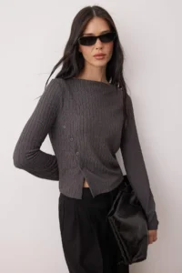TRENDYOLMİLLA Anthracite Button Detailed Asymmetric Fitted Flexible Knitting Blouse - Image 2