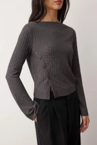 TRENDYOLMİLLA Anthracite Button Detailed Asymmetric Fitted Flexible Knitting Blouse - Image 3