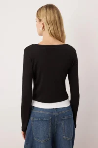 TRENDYOLMİLLA Black Double Look Asymmetric Collar Buttoned Fitted Flexible Knitting Blouse - Image 4