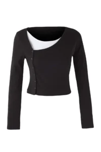 TRENDYOLMİLLA Black Double Look Asymmetric Collar Buttoned Fitted Flexible Knitting Blouse - Image 5