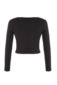 TRENDYOLMİLLA Black Double Look Asymmetric Collar Buttoned Fitted Flexible Knitting Blouse - Image 7