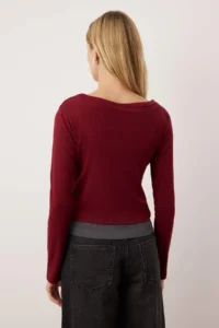 TRENDYOLMİLLA Burgundy Double Look Asymmetric Collar Buttoned Fitted Flexible Knitting Blouse - Image 4